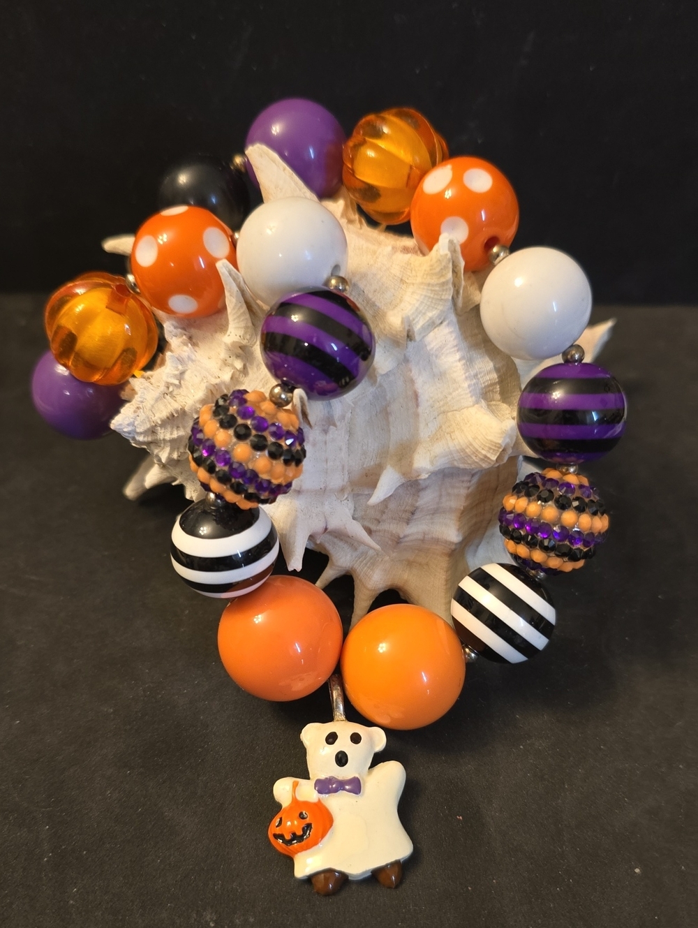 Halloween Bubblegum Beaded Necklace Orange, Purple & White Ghost Chunky